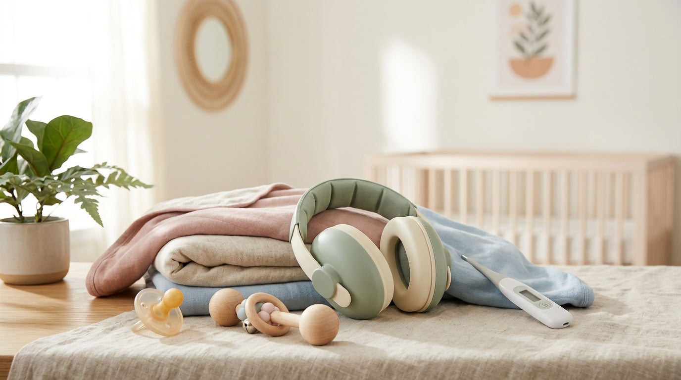 Mother covering baby's ears from loud TikTok video music on phone