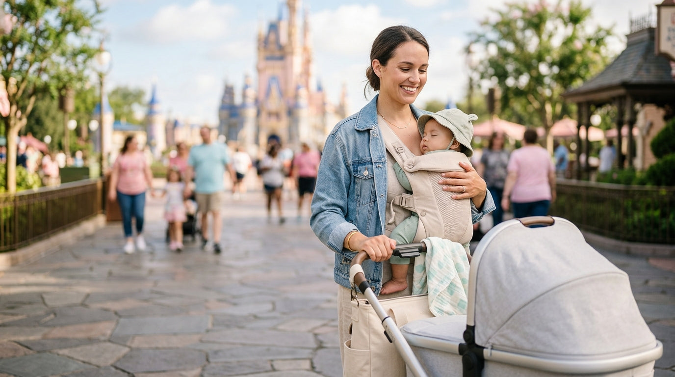 A tired but smiling mom wearing a baby carrier next to a stroller at a sunny theme park with her infant