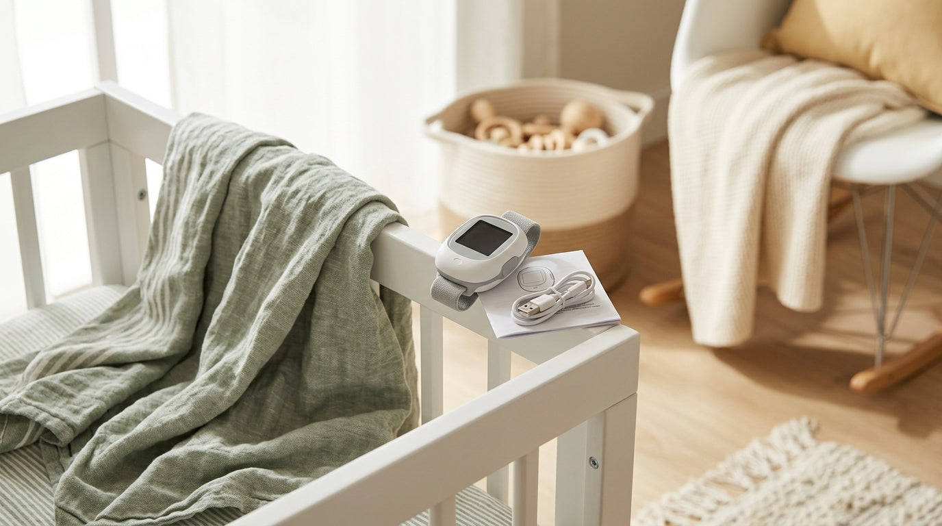 A dad staring exhausted at a glowing smartphone screen in a dark nursery