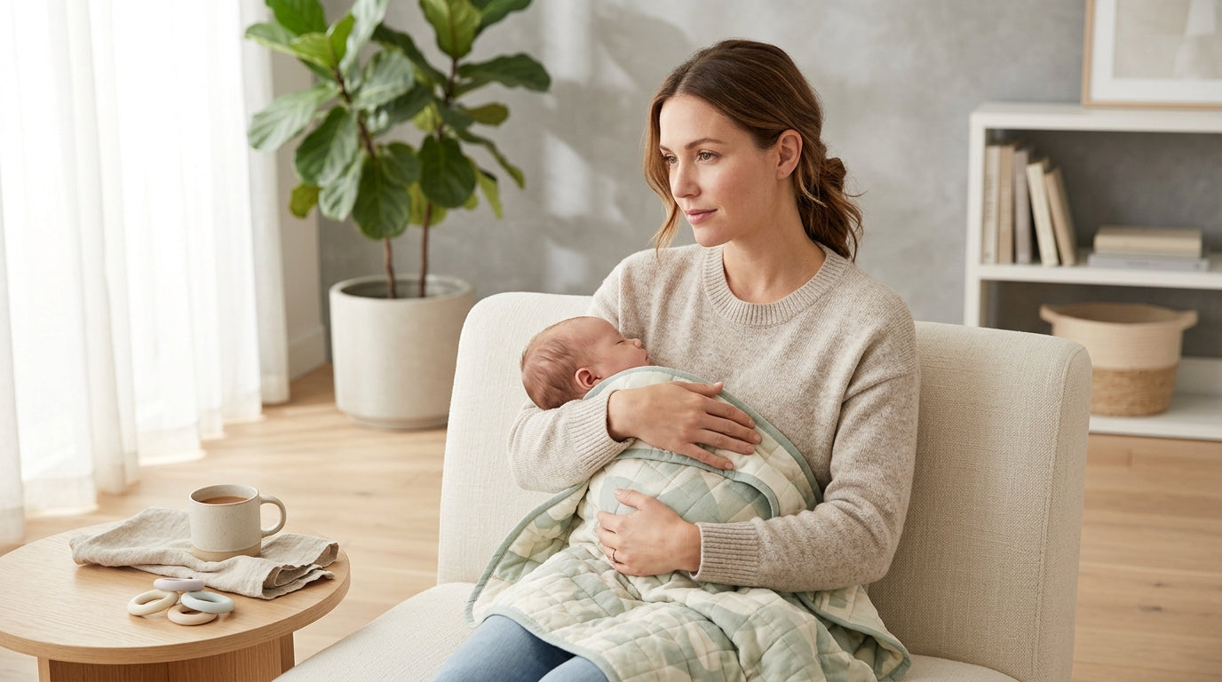 A tired mother sitting on a nursery floor holding a cup of coffee