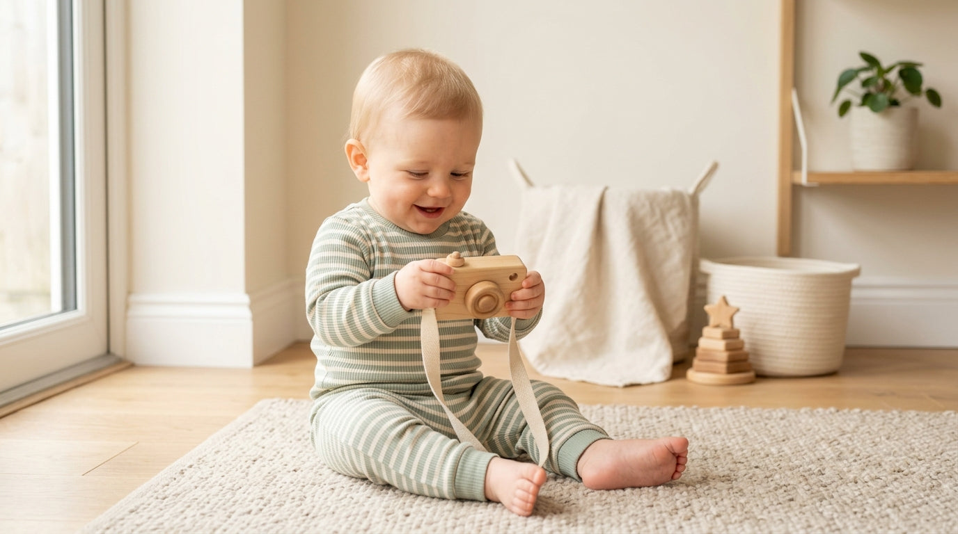 Tired mom holding her baby near a bright window trying to take a picture on her phone