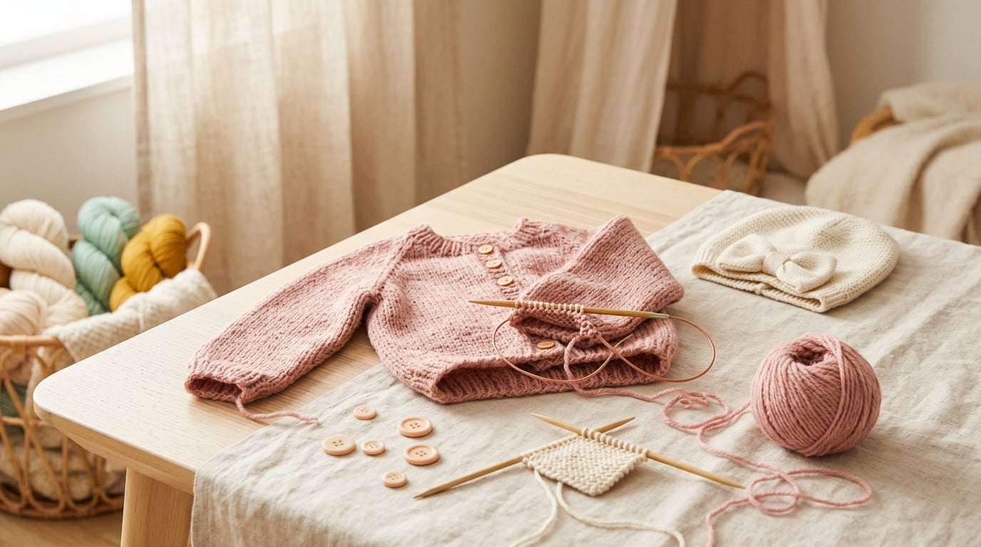 Messy pile of mustard yellow yarn and a half-finished baby sweater
