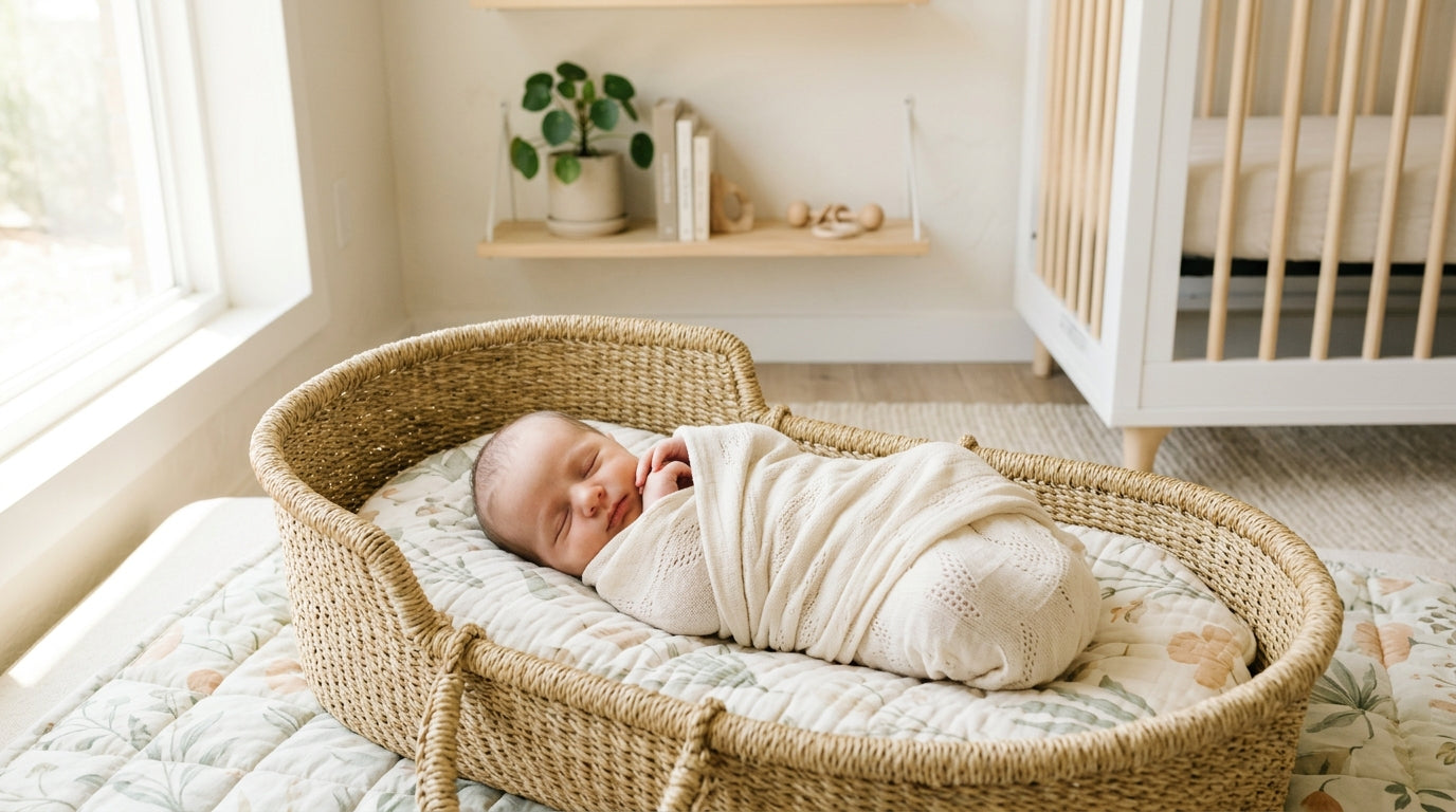 Mother standing near a bright window taking a photo of her sleeping newborn on a bed