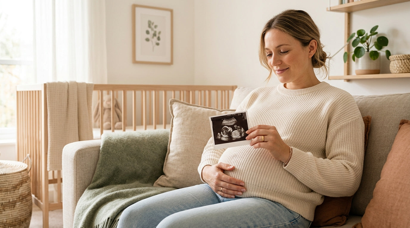 A pregnant mother looking at a sonogram photo in a doctor's office.