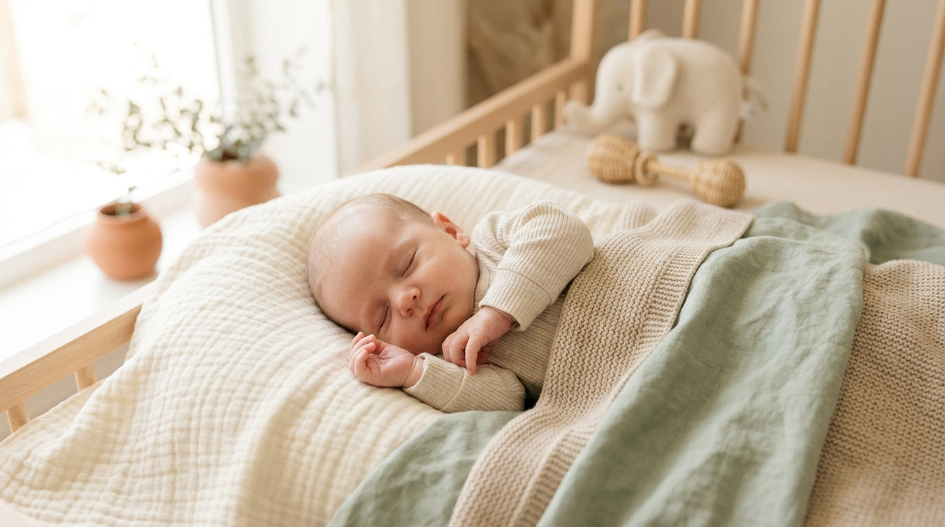Sleeping newborn wrapped in an organic cotton swaddle blanket smiling