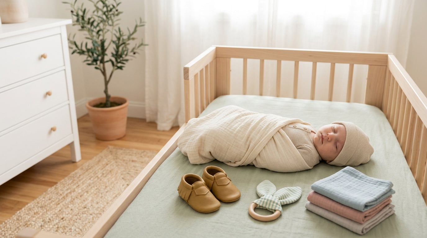 Tired mom drinking cold coffee while her baby chews on a silicone panda teether