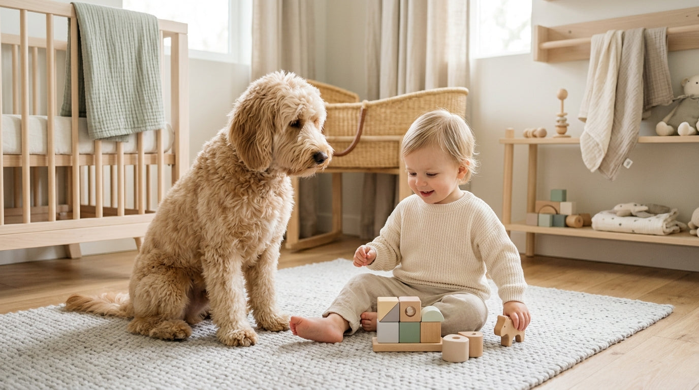 Exhausted dad staring at his pacing dog while the baby wails in the nursery