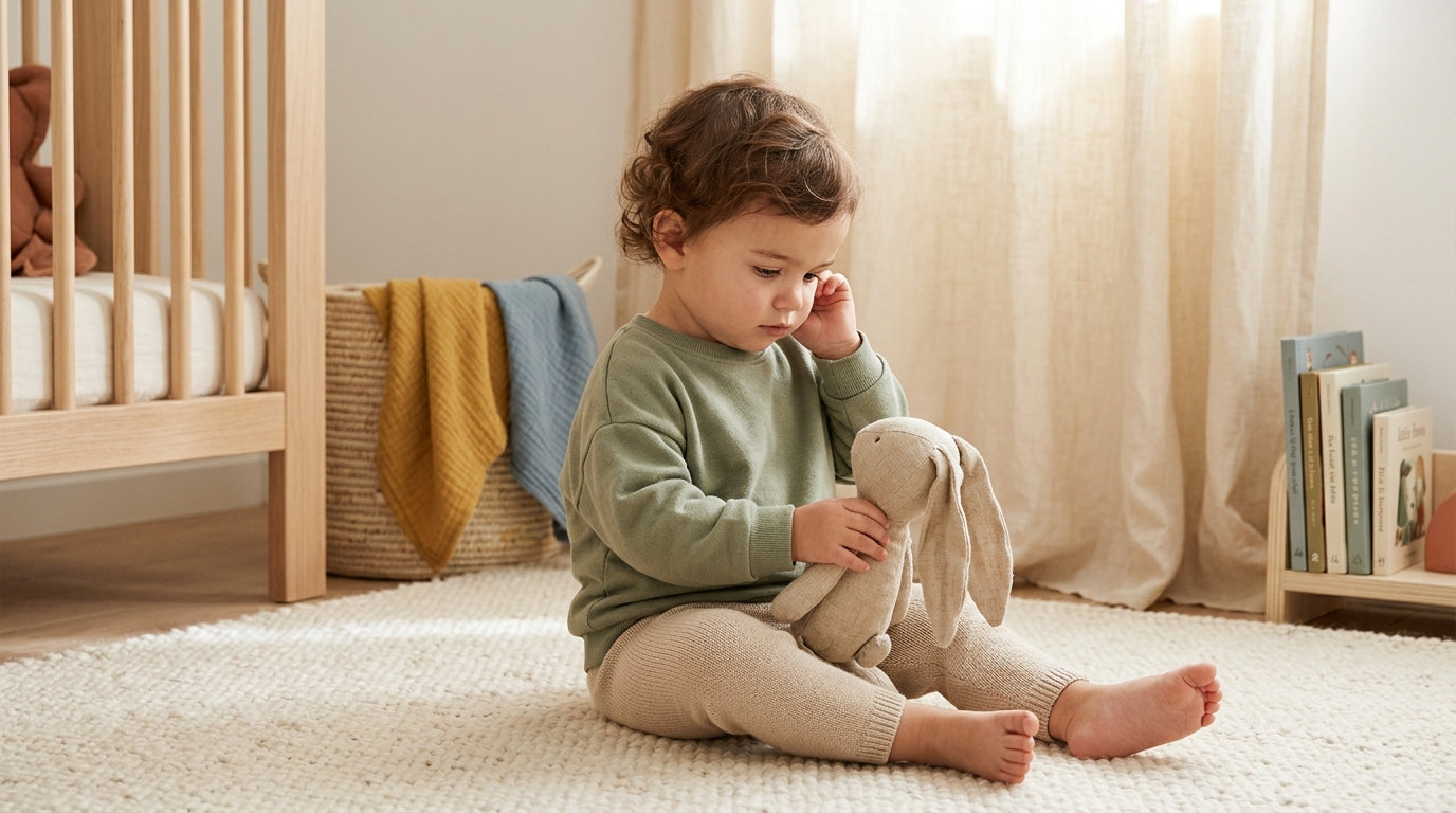 Mom sitting on living room floor looking tired while toddler walks away