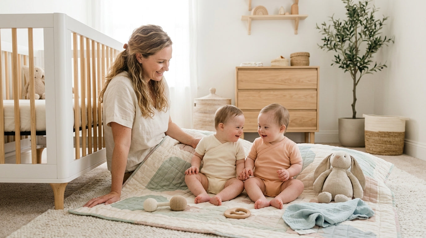Tired British dad sitting on a beige rug surrounded by his twin toddler girls and toys