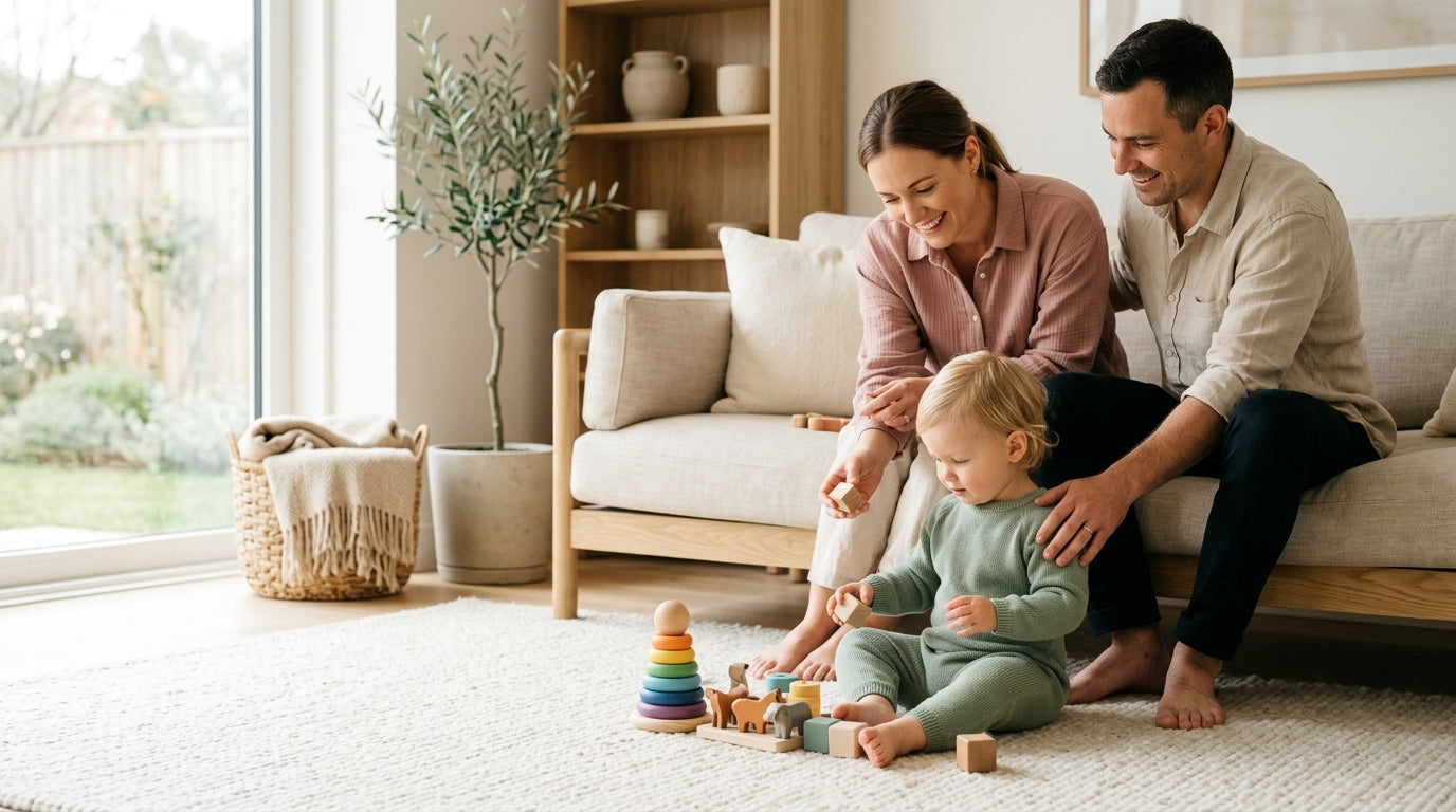 Priya sitting in a rocking chair holding a baby bodysuit