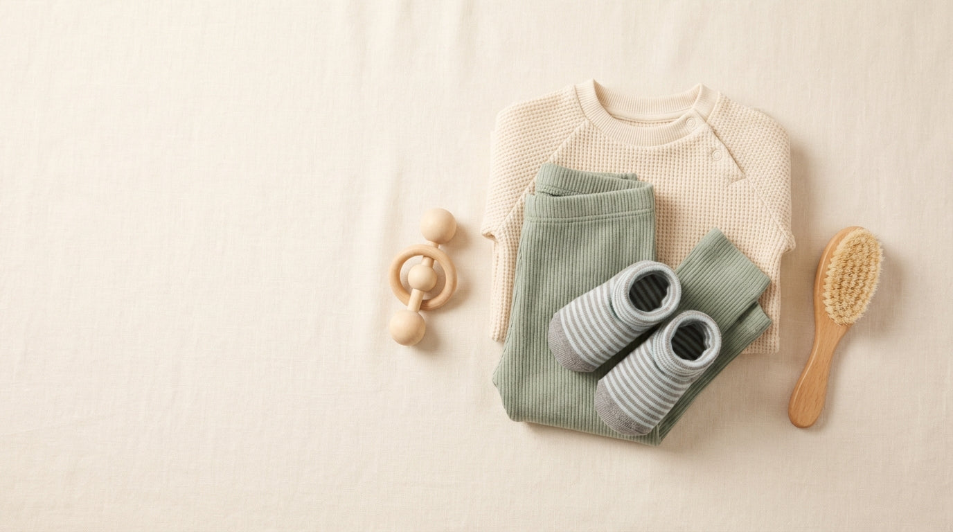 Toddler running in garden wearing sustainable boys apparel and a sun hat