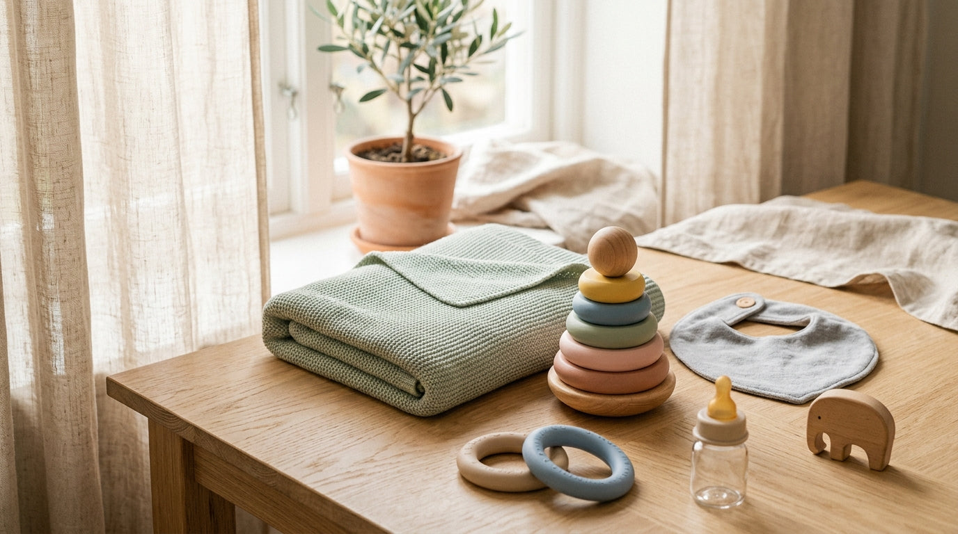 A stressed mom in sweatpants drinking coffee while her toddler plays with a wooden baby drill toy on the living room floor.