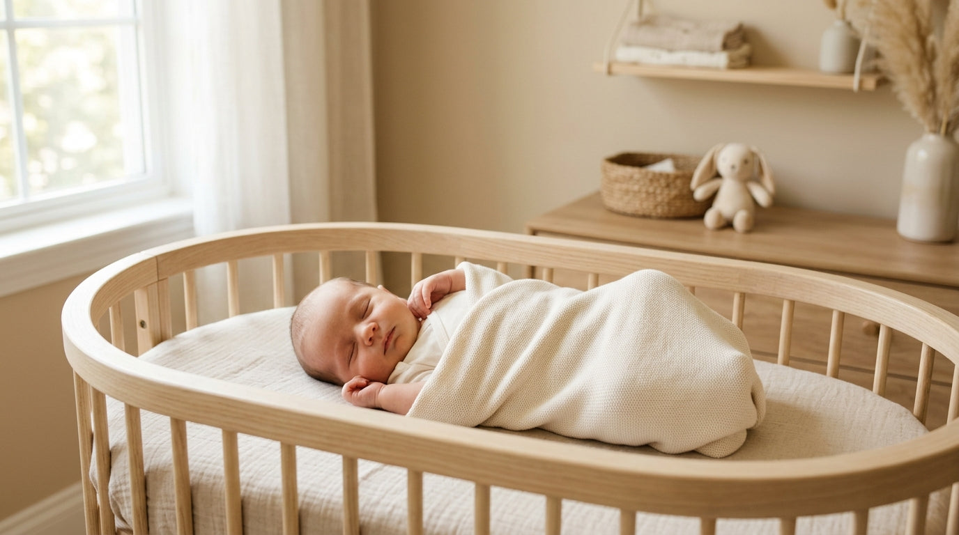 A tired British dad attempting to swaddle screaming twin girls at 3am using an organic cotton blanket.