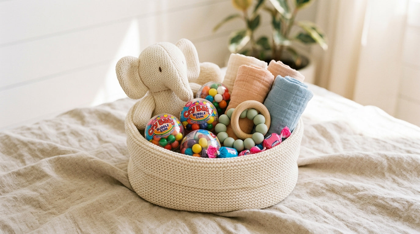 Digital calipers measuring a neon sour gumball next to a silicone teether