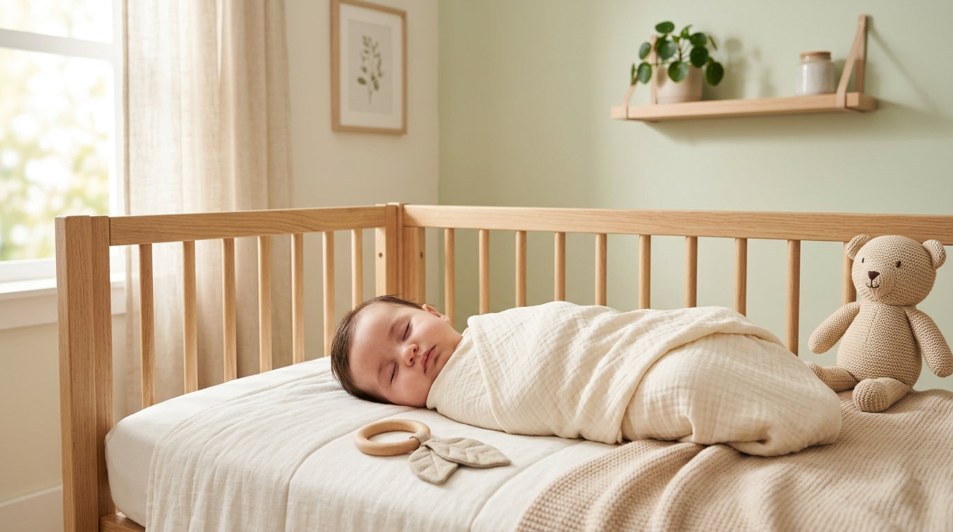 A blurry infrared night vision view of a baby sleeping peacefully in a crib