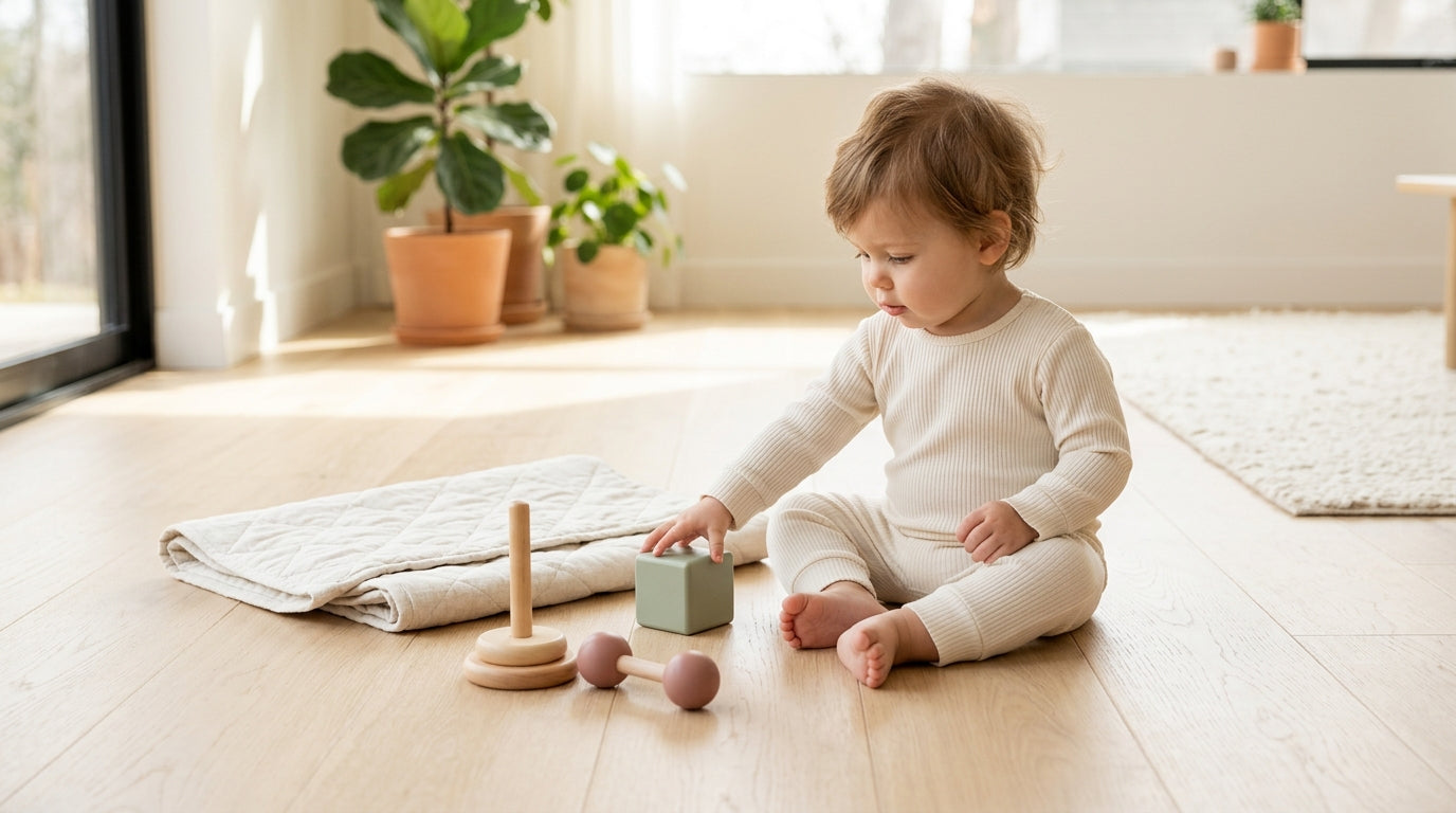 A baby crawling on a living room rug while dad looks at dust bunnies