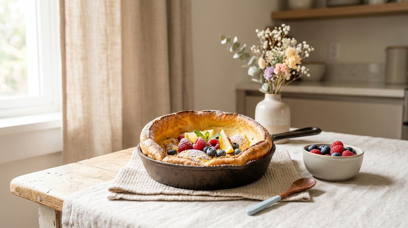 A giant puffy baked oven pancake in a cast iron skillet surrounded by fresh berries and a mug of coffee.
