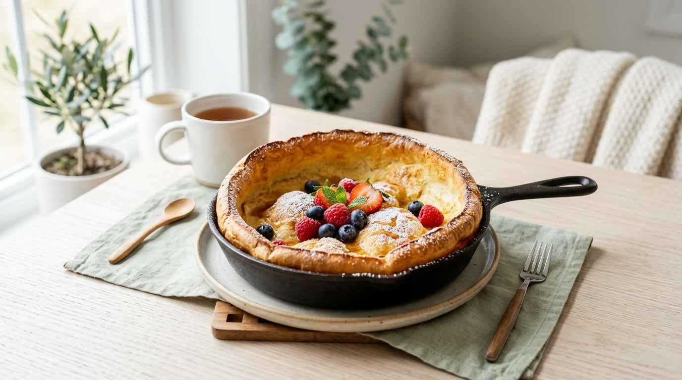 A messy baby eating a piece of a Dutch baby pancake in a highchair