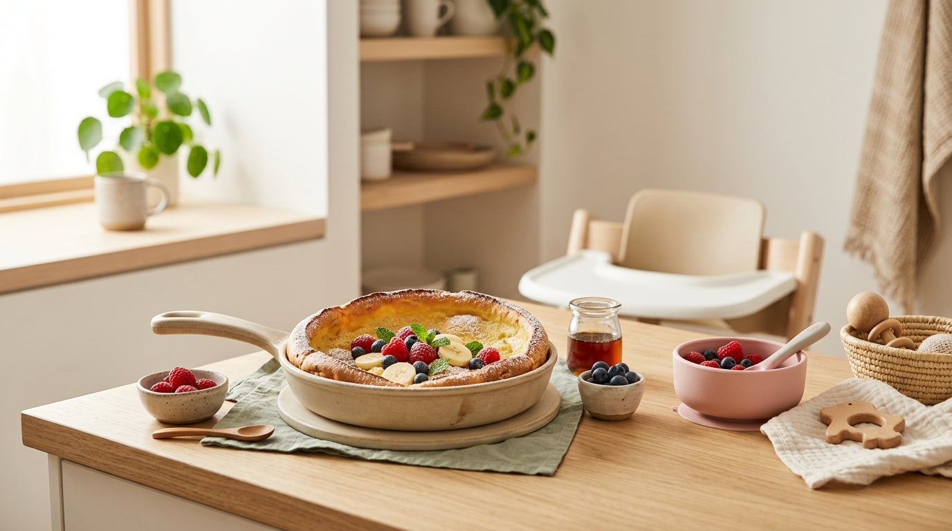 A messy kitchen counter with a puffed up baked pancake in a cast iron skillet next to a spilled cup of coffee.