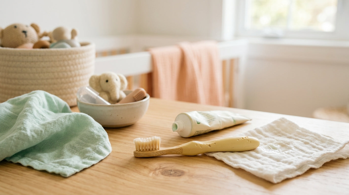 A stained baby tee covered in drool and tiny silicone finger toothbrush