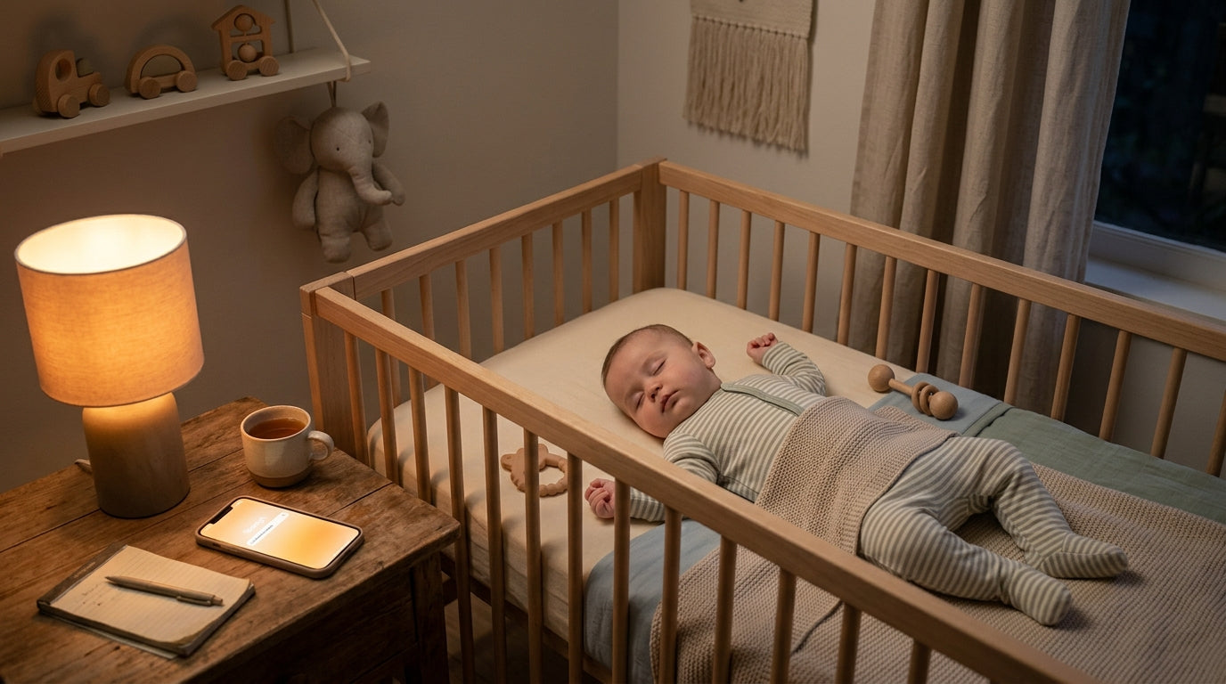 A tired father holding a baby while staring anxiously at a smartphone screen in a dark room