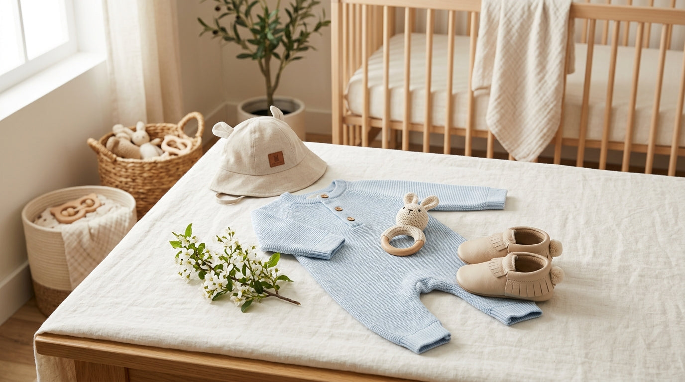 Baby boy sitting on a rug wearing a soft organic cotton henley romper instead of a stiff suit.