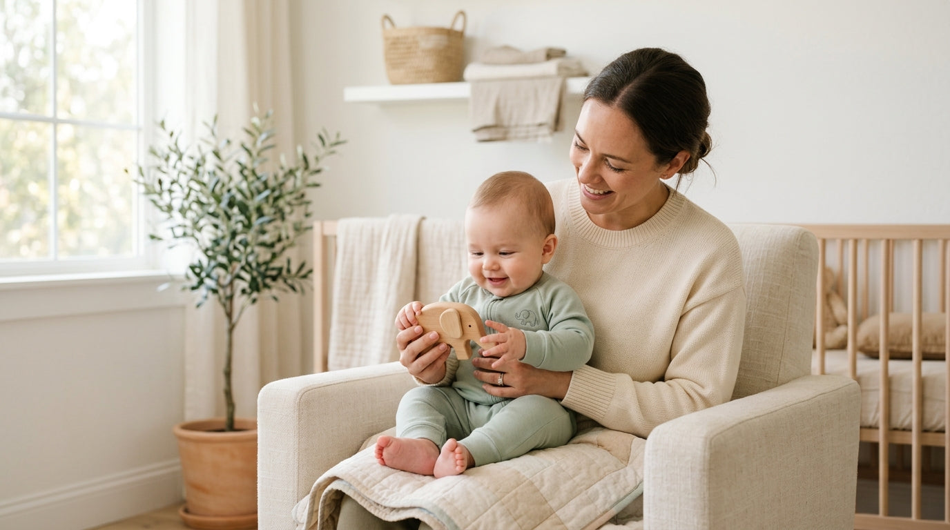 A tired mother sitting in a nursery with a baby elephant wooden play gym