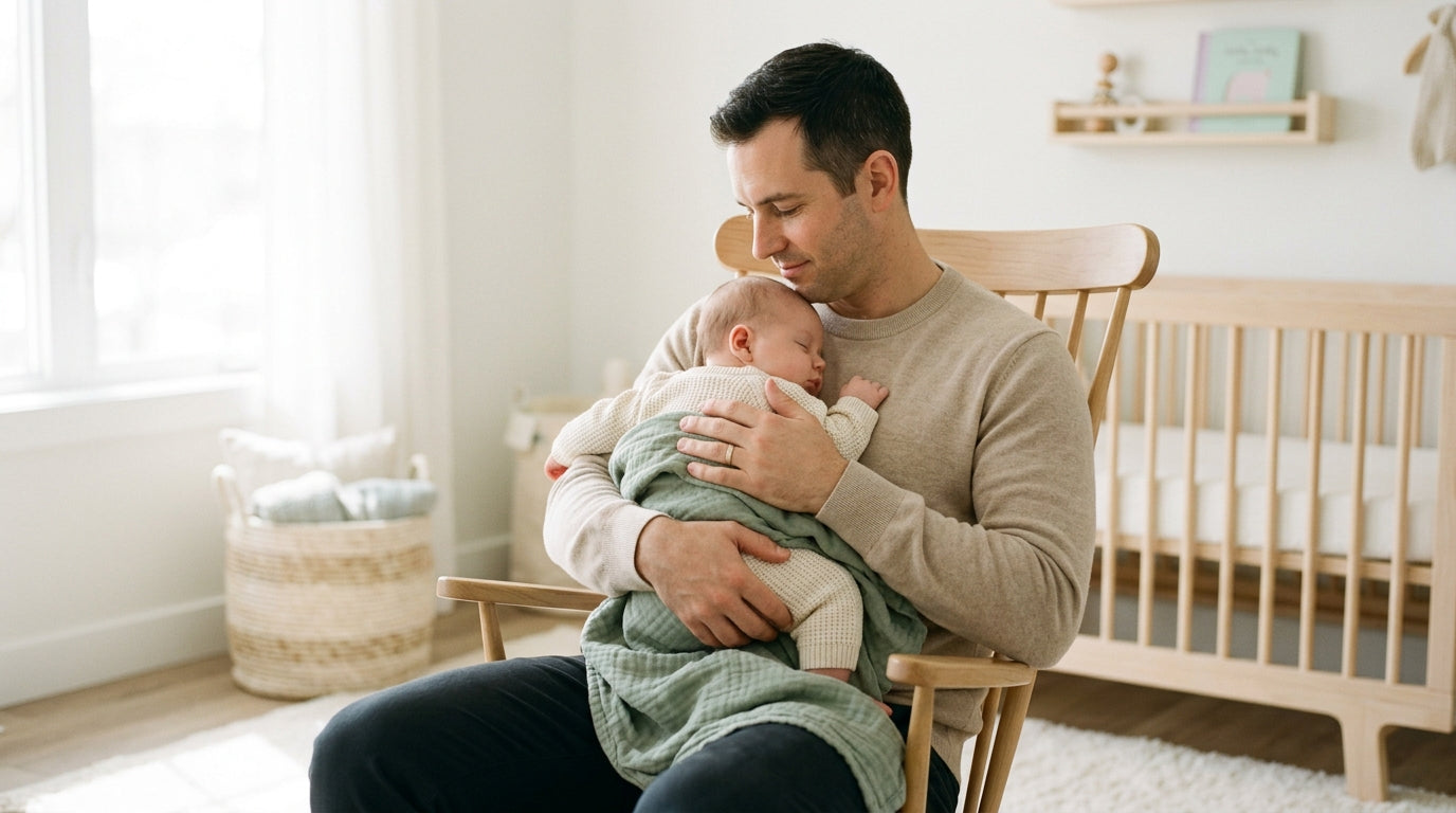 A tired dad scrolling his phone in the dark while a baby sleeps in a crib
