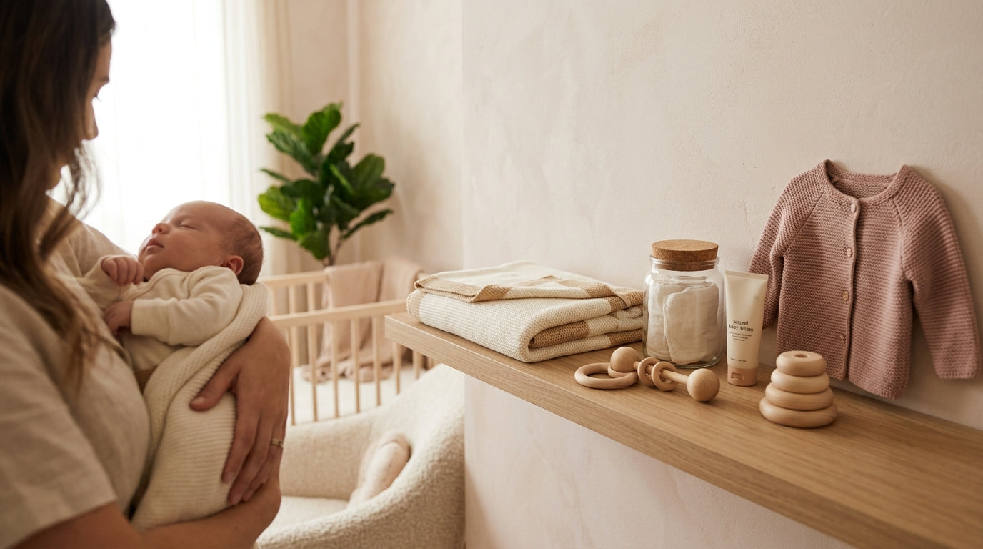 A neutral baby nursery with a firm crib mattress and sustainable wooden toys