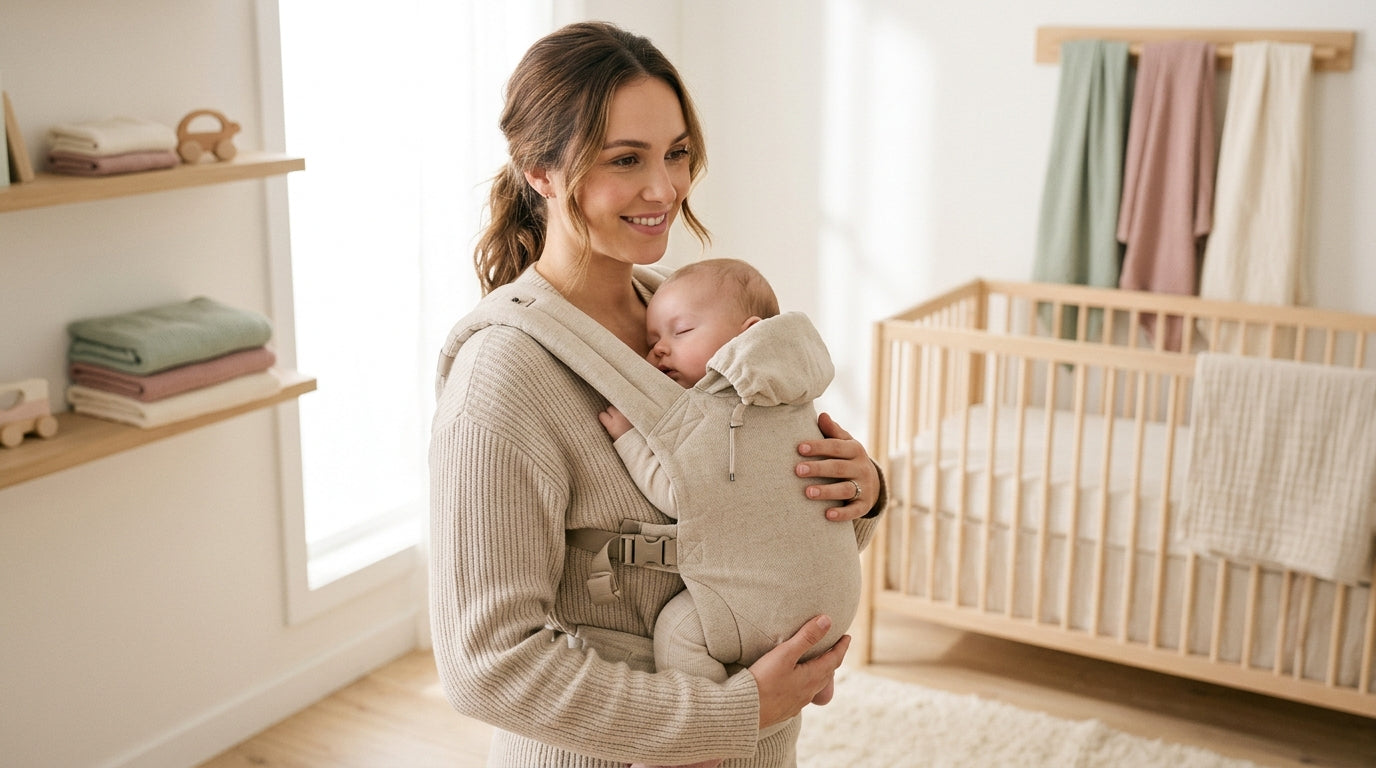 Mother walking in Chicago winter wearing a baby in a structured ergonomic carrier.
