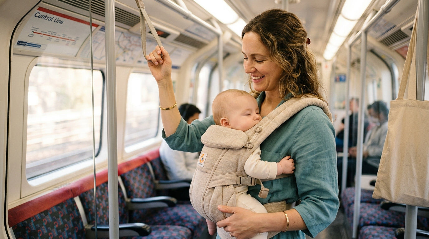 Tired dad wearing an ergo baby carrier on the London Underground platform.