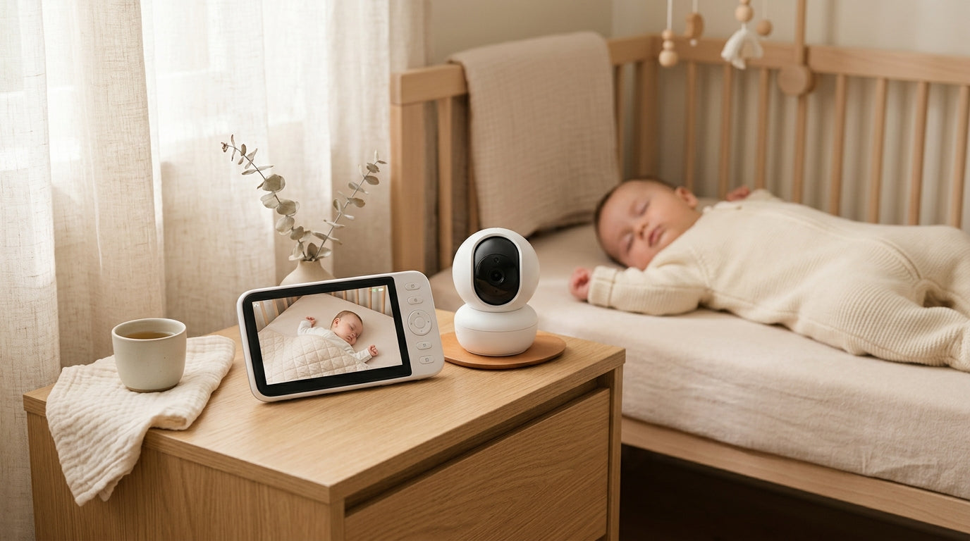 A tired mom holding a coffee cup next to a Eufy baby monitor on a messy nightstand
