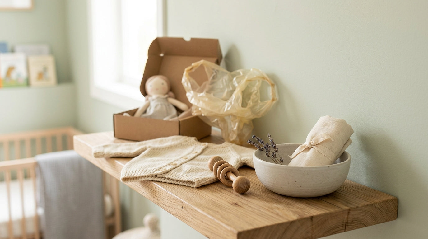 A wooden baby memory container sitting open on an untidy living room rug.