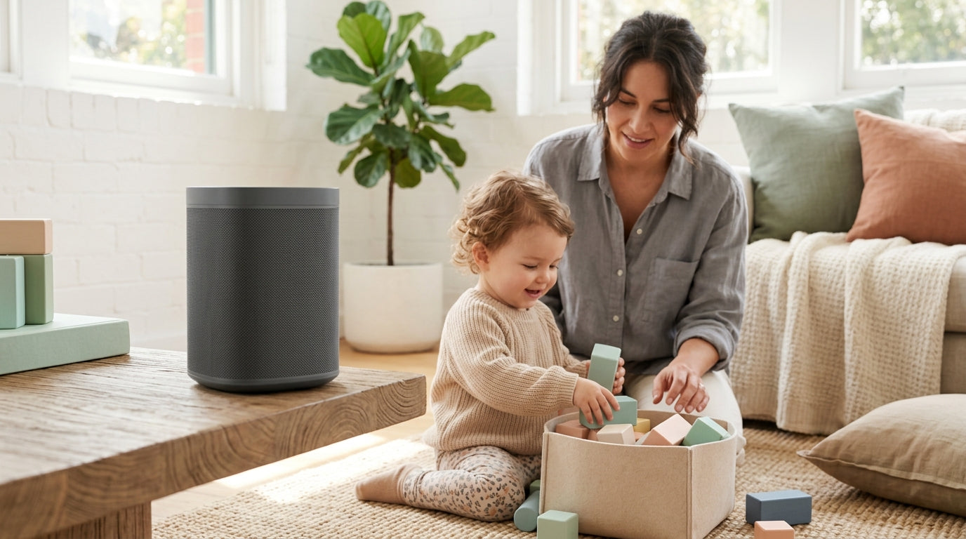 Toddler playing near a smart speaker while mom looks stressed about music choices