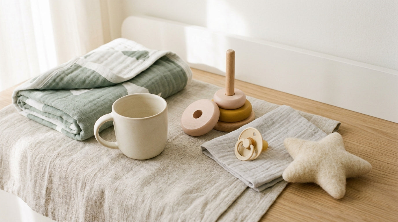 A tired mom holding a coffee cup while looking at her phone