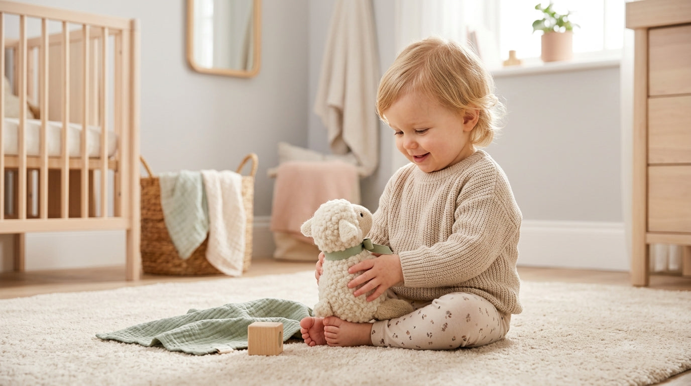 Two toddlers in rain boots pointing at a sheep in a muddy farm park enclosure.
