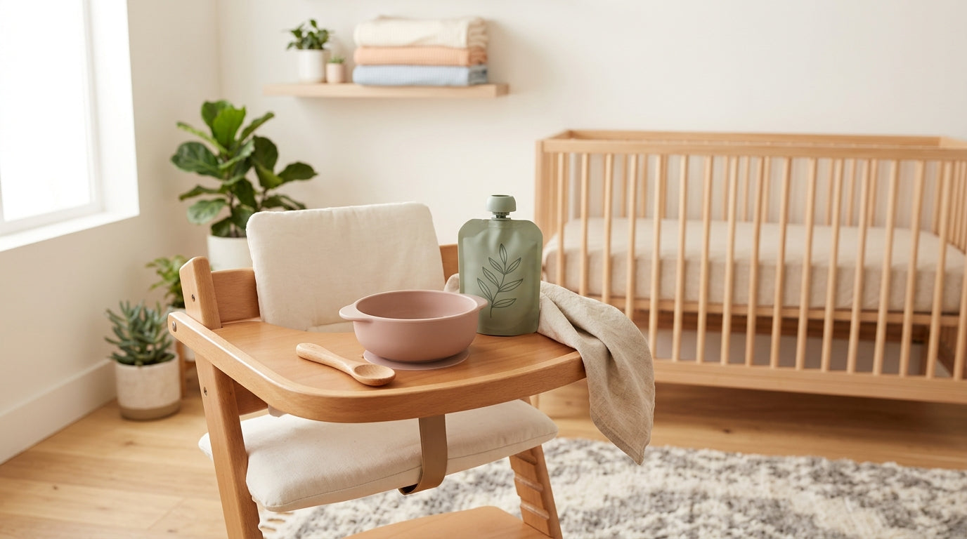 A chubby baby playing on a mat with Kianao wooden building blocks and teething toys.