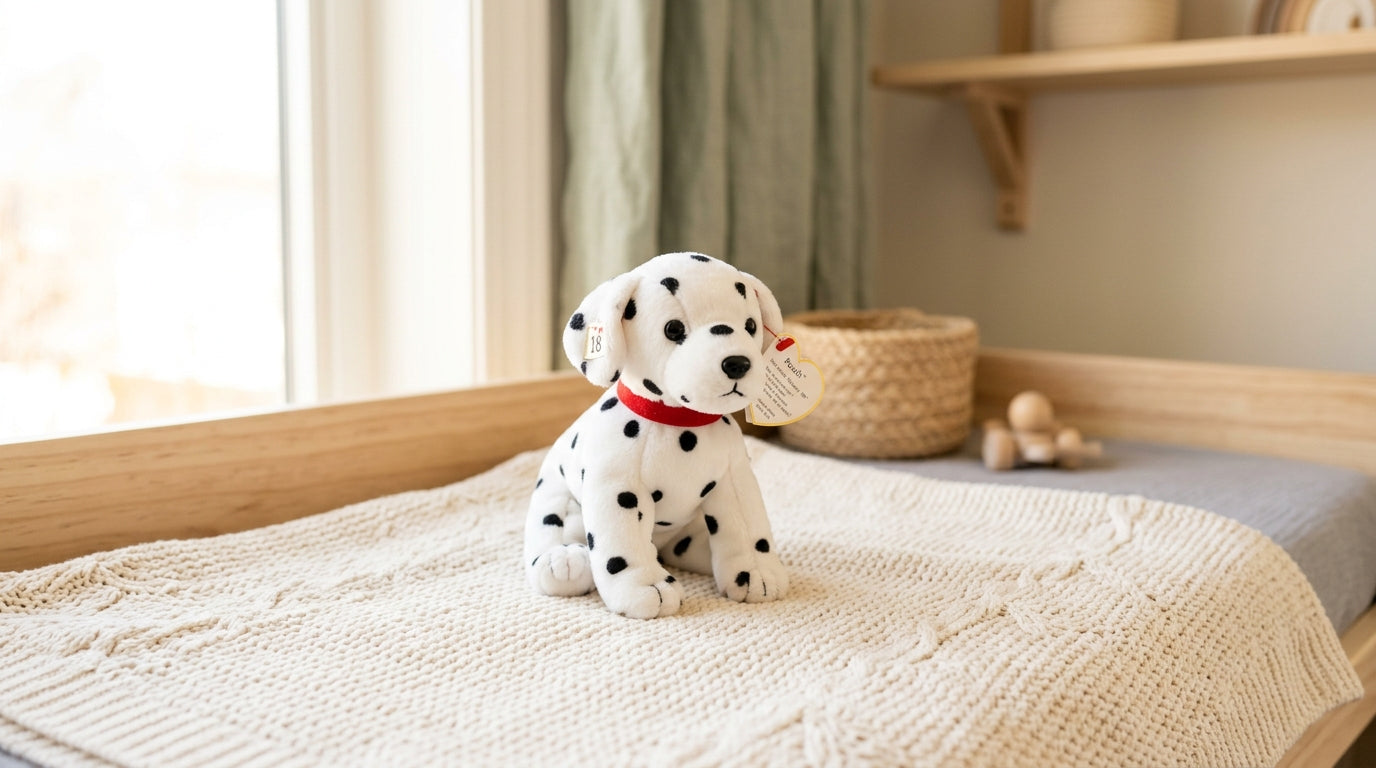 Vintage 90s plush toys sitting on a messy nursery floor next to a spilled cup of coffee.
