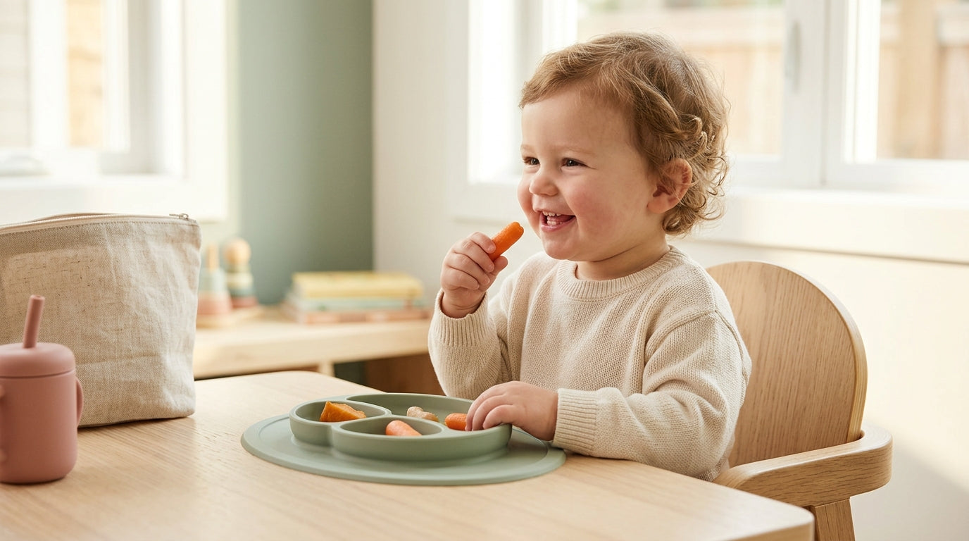 A messy baby sitting in a high chair holding a squishy cooked orange carrot stick.