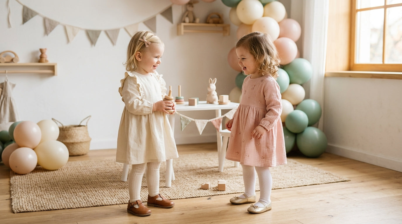 Two toddlers in smudged party dresses intensely inspecting a dropped piece of wedding cake