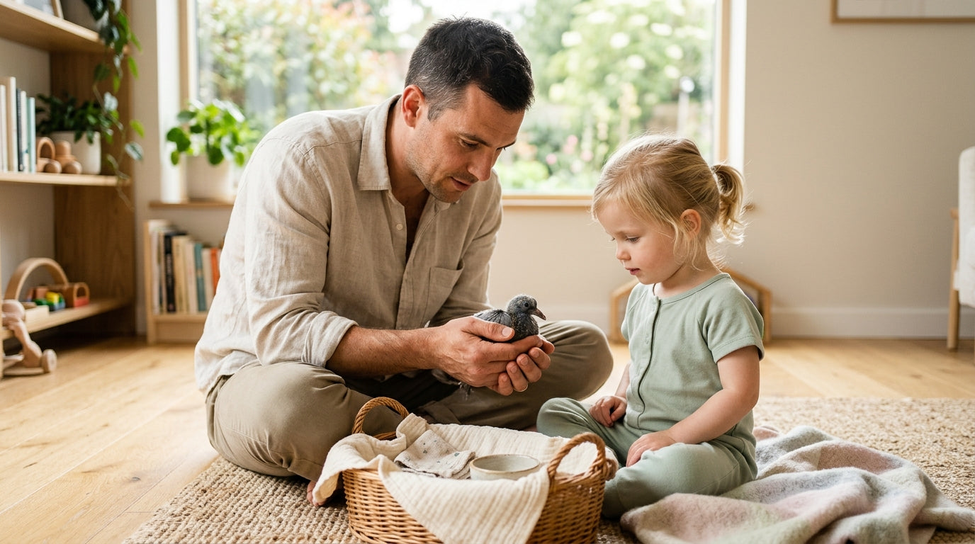 A confused father staring at a cardboard box in a messy London kitchen