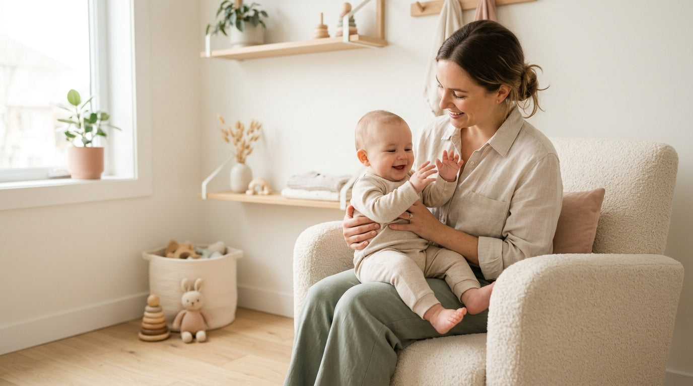 Priya handing her toddler to a babysitter while holding a medical checklist