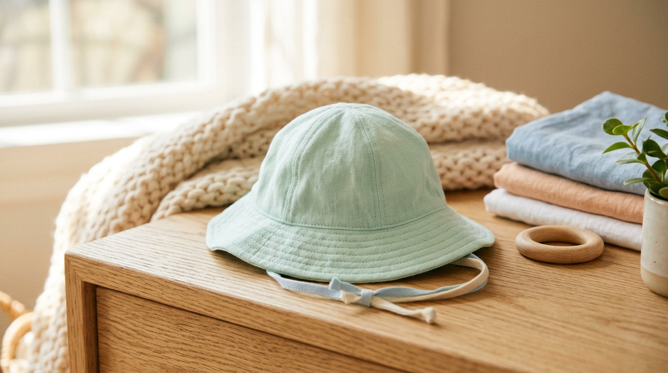Dad holding an 11-month-old baby wearing a wide-brimmed baby sun hat on a bright summer day.