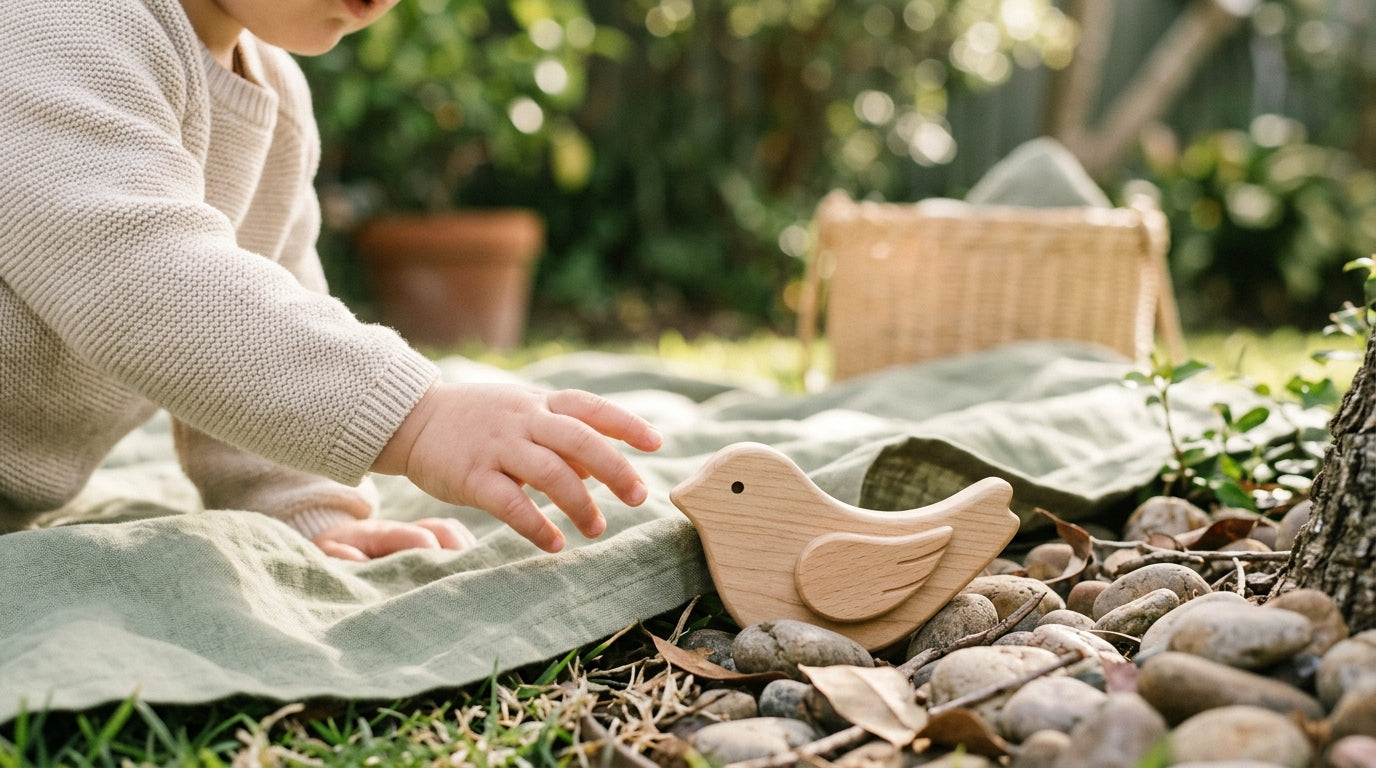 A tiny infant bird sitting in the damp garden grass next to a toddler's shoe