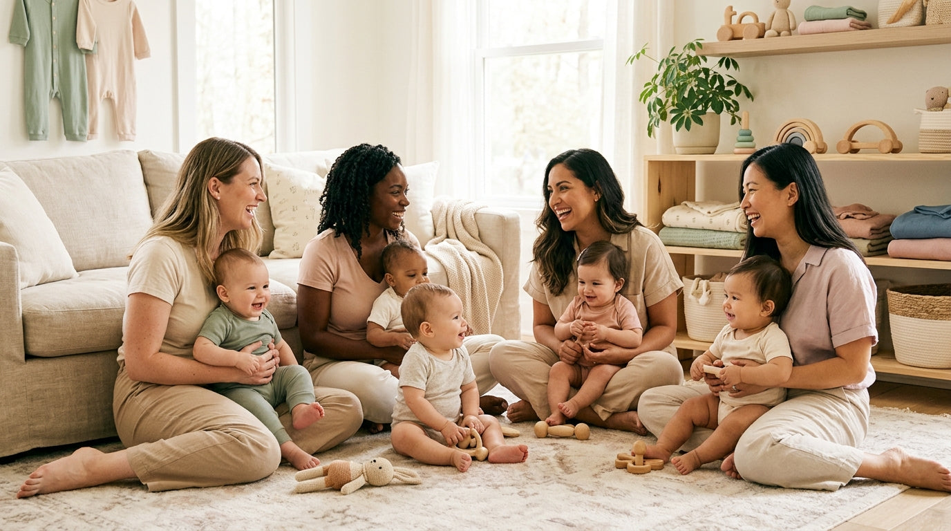 Sarah holding a cold coffee while toddlers play on a wooden play mat.