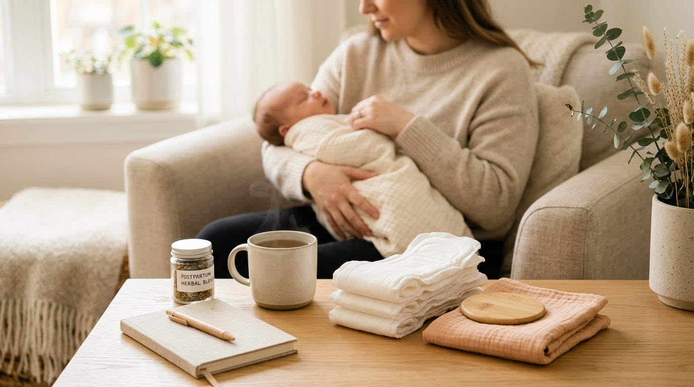 Tired mother holding her baby while looking stressed on the living room couch