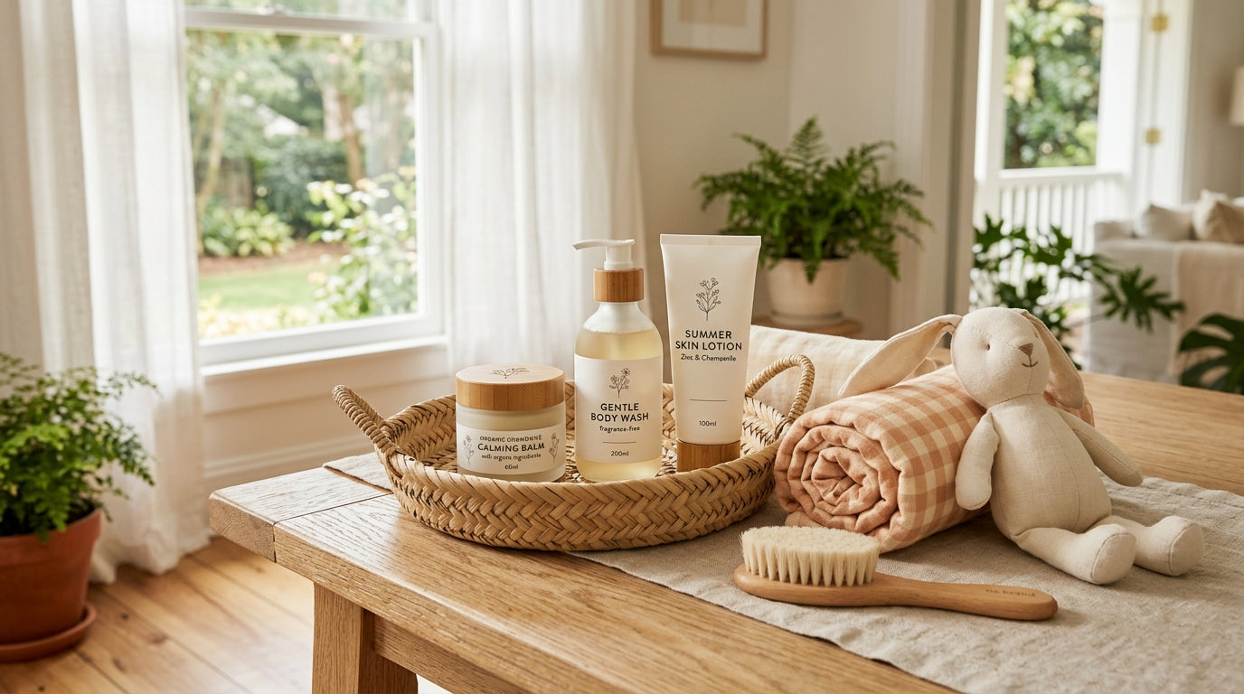 A frustrated mom holding a baby with red bumps on their neck in the summer heat