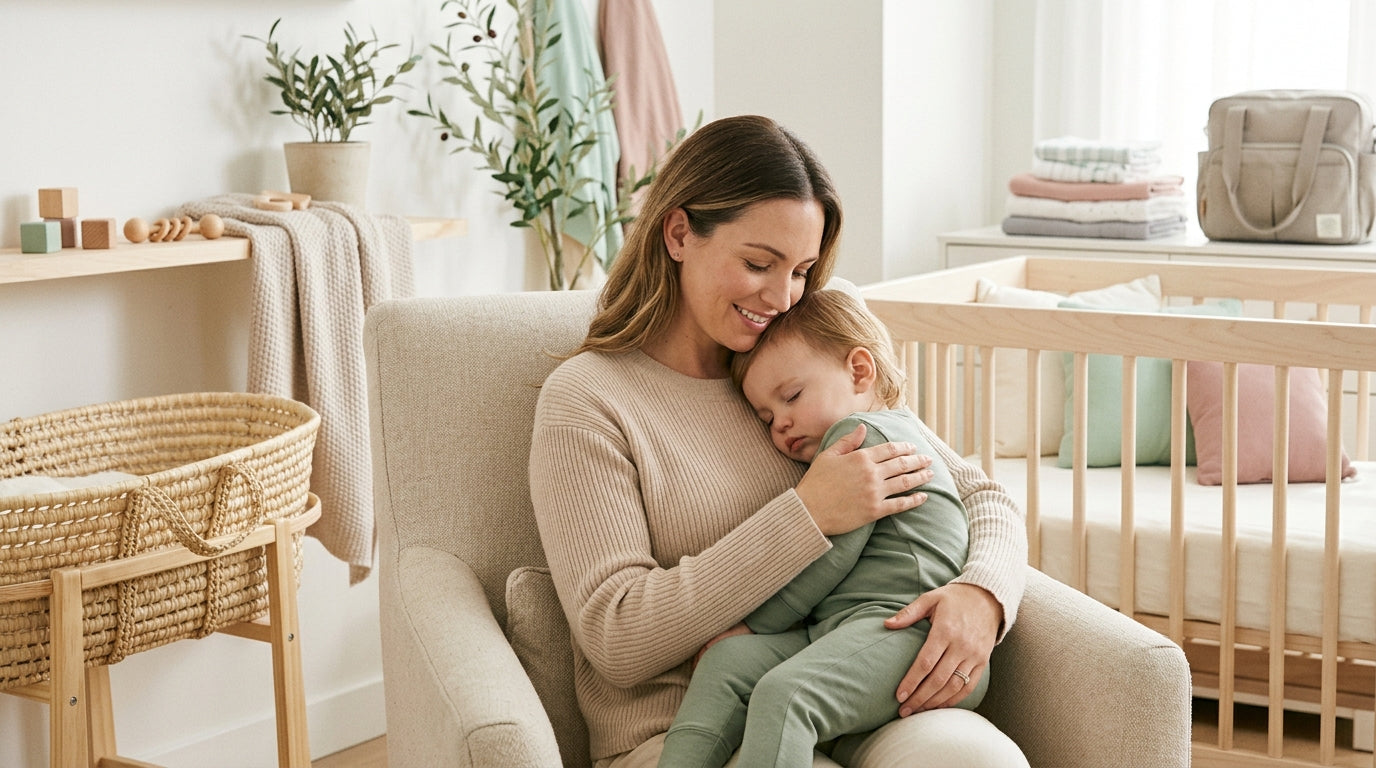 Exhausted mom looking at a baby sleep tracking app in a dark nursery