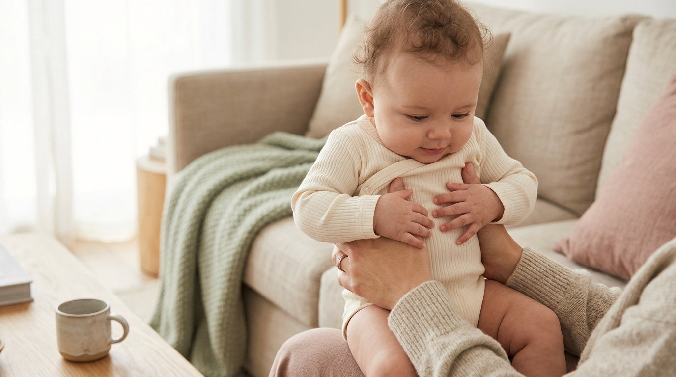 A worried dad holding his infant checking for muscle tone and head control.