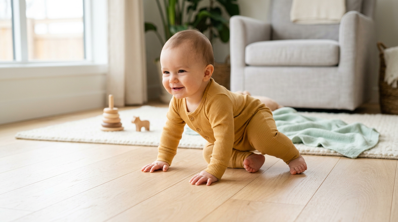 Baby wearing a stretchy footless infant romper crawling on wood floor